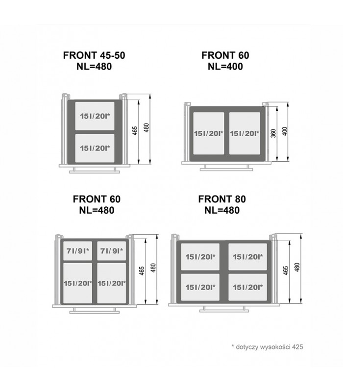 SEGREGO Szuflada z pojemnikami na odpady KB-800 H-320 NL-480 metal srebrny DS
