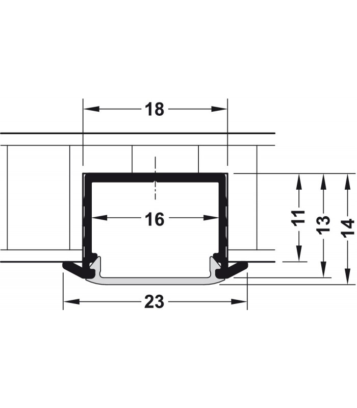 Profil wpuszczany Häfele Loox (wys. 11mm) do taśm LED aluminium (szerokość wewn. 16mm) 2,5m z kloszem mleczną
